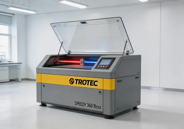 Trotec Speedy 360 flexx dual-source laser engraver on production floor