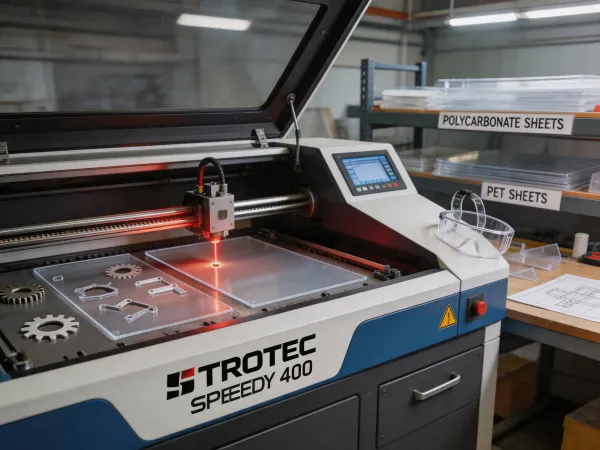 Technical plastic sheet being lasered on Trotec Speedy